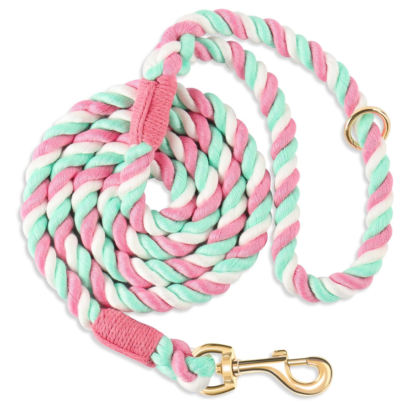 Dog rope 150cm hand woven cotton rope, suitable for small and large dogs, new gold heavy-duty metal buckle (cherry blossom powder 150cm * 1.2cm)