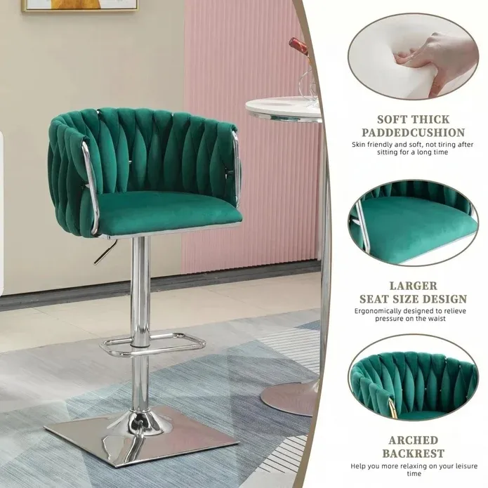 SERENITà Modern Velvet Breakfast Bar Stools Swivel Barstools Adjustable Counter Stools with Backrest (Silver-Emarald Green) — image 3