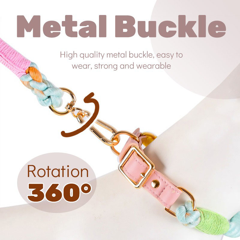 Purple Hand-Woven Rainbow Cotton Rope Dog Leash and Collar Set - Adjustable Veg-Tanned Leather Trim with Heavy Duty Metal Hardware - 150cm Training โ image 4