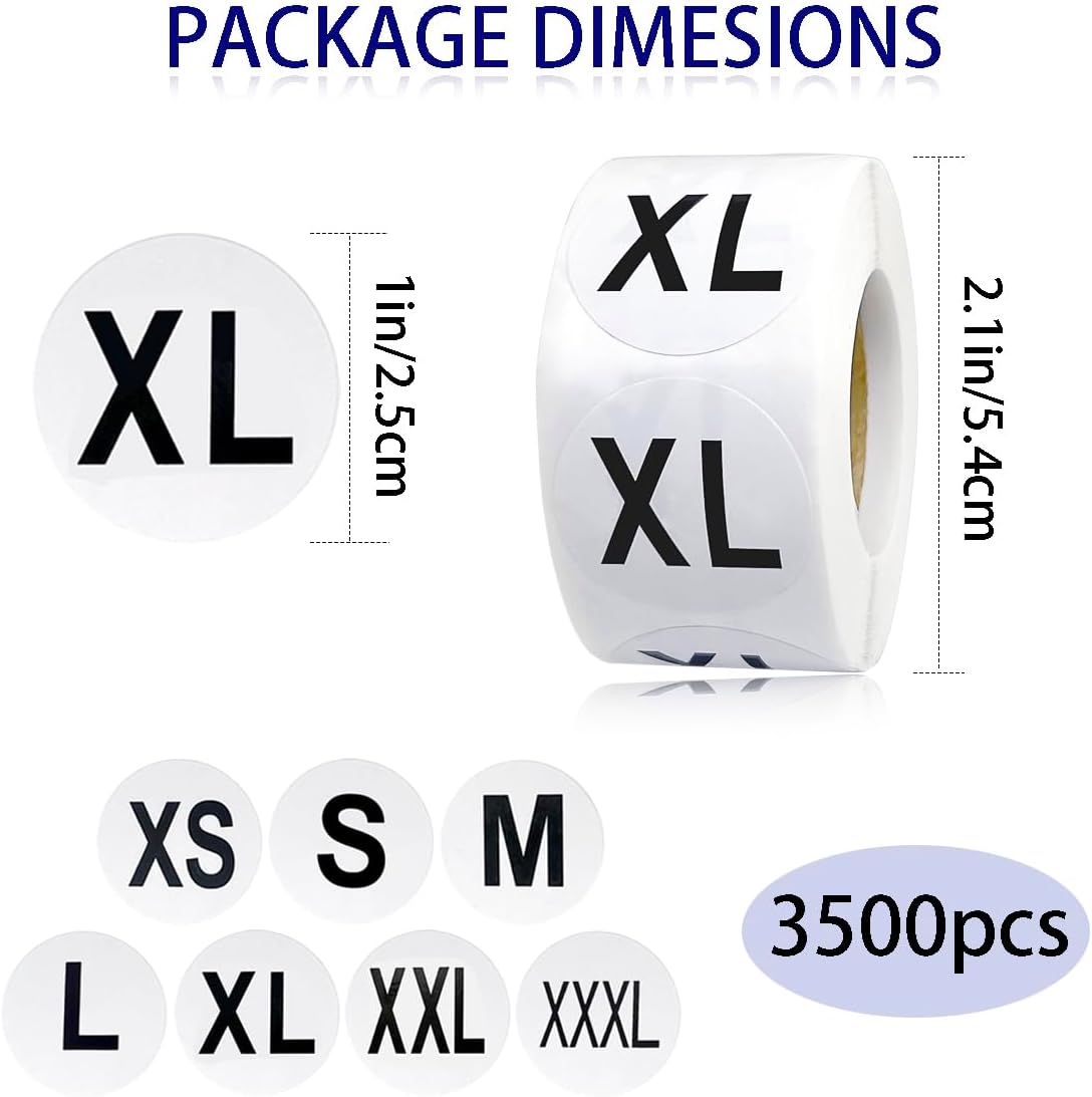 3500 Pcs Clothing Size Stickers, 1 Inch Round Self Adhesive, 7 Sizes XS-S-XXXL for T Shirts (Black) — image 5