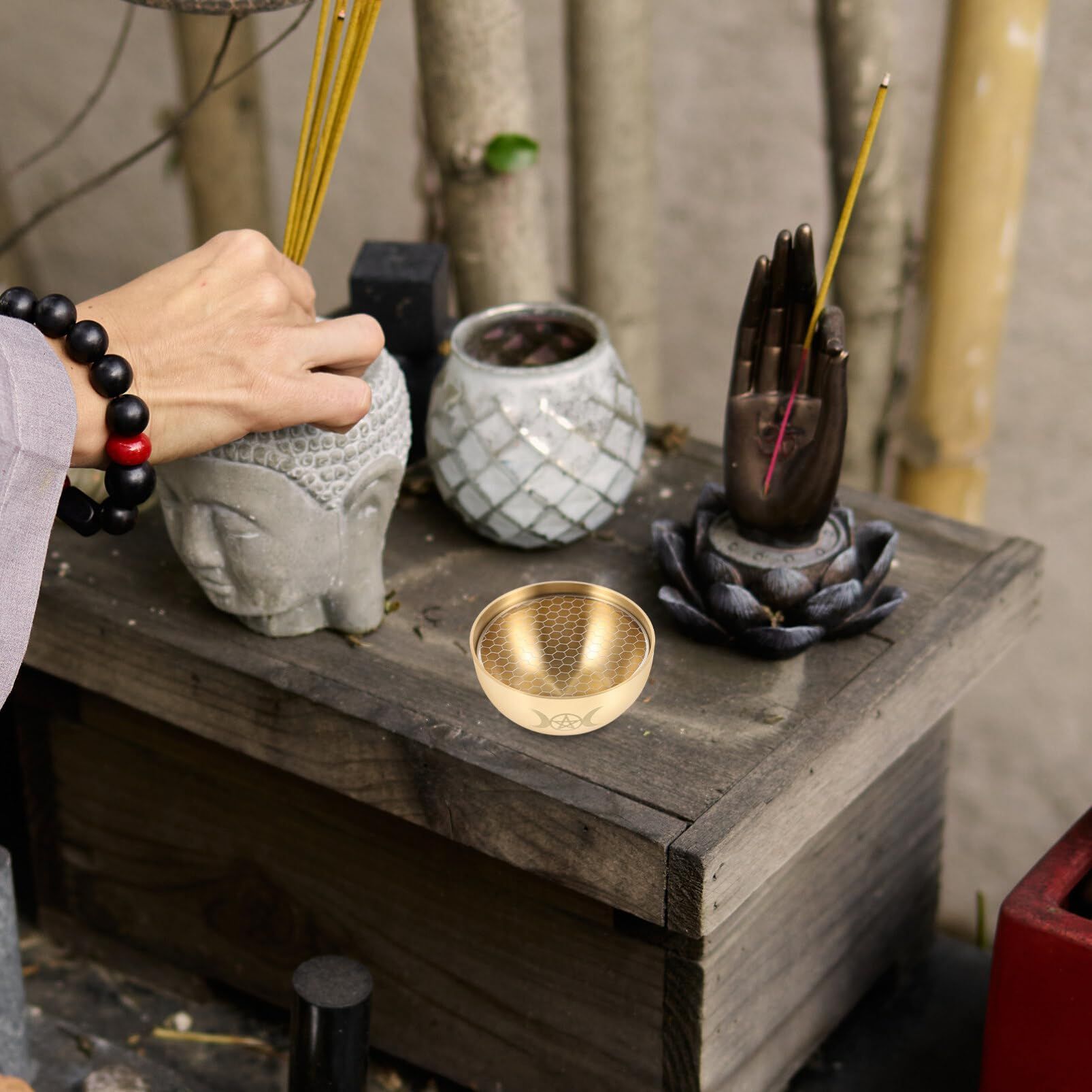 1 Set Triple Moon Pentacle Brass Offering Bowl Holy Water Bowl Incense Burner Smudging Bowl Decoration Bowl — image 4