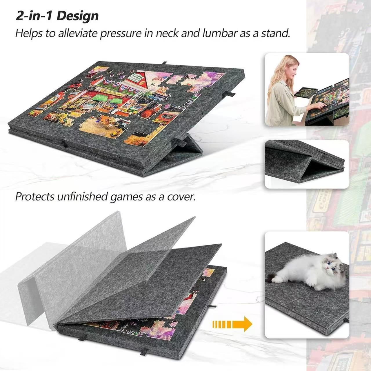 Dark Grey Foldable Anti-Slip Felt Jigsaw Puzzle Board with 6 Sorting Drawers – Lightweight 1000 Piece Puzzle Table Mat, 2-in-1 Neck-Friendly Storage Stand and — image 4