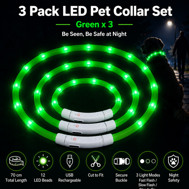 3PCS Green USB Rechargeable LED Pet Collar Set – 70cm Cuttable Silicone Glow Dog Collar with 12 LED Beads, 3 Flash Modes and Secure Buckle Design, Night Safety