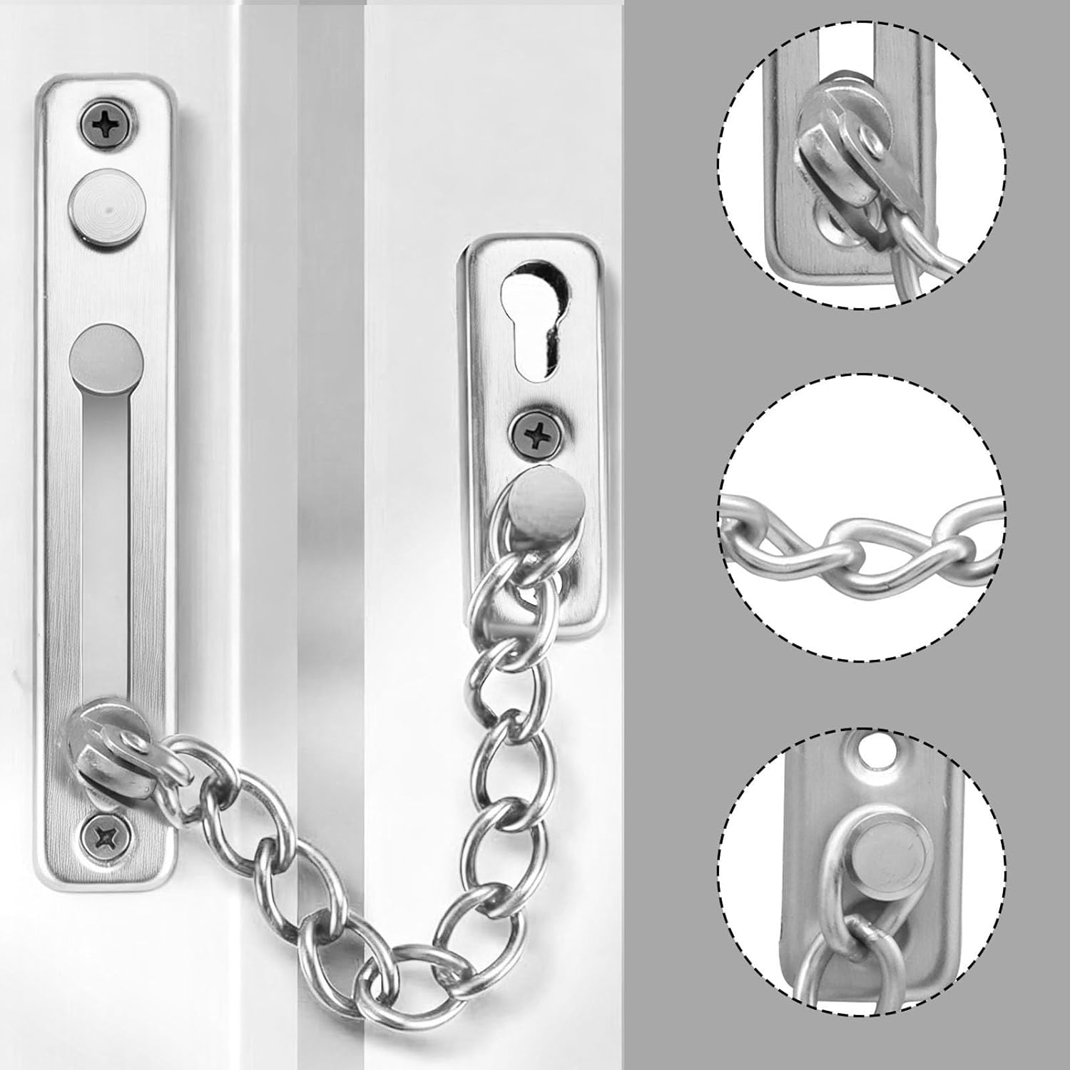 Heavy Duty Door Chain Lock with Mounting Screws, Stainless Steel Door Chain Guard for Front Doors, Pet Safe (Silver, 2 Pack) — image 5