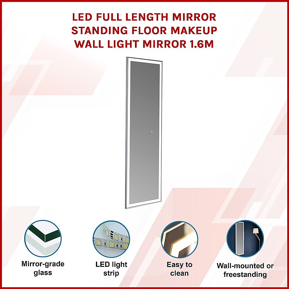 LED Full Length Mirror Standing Floor Makeup Wall Light Mirror 1.6M โ image 2