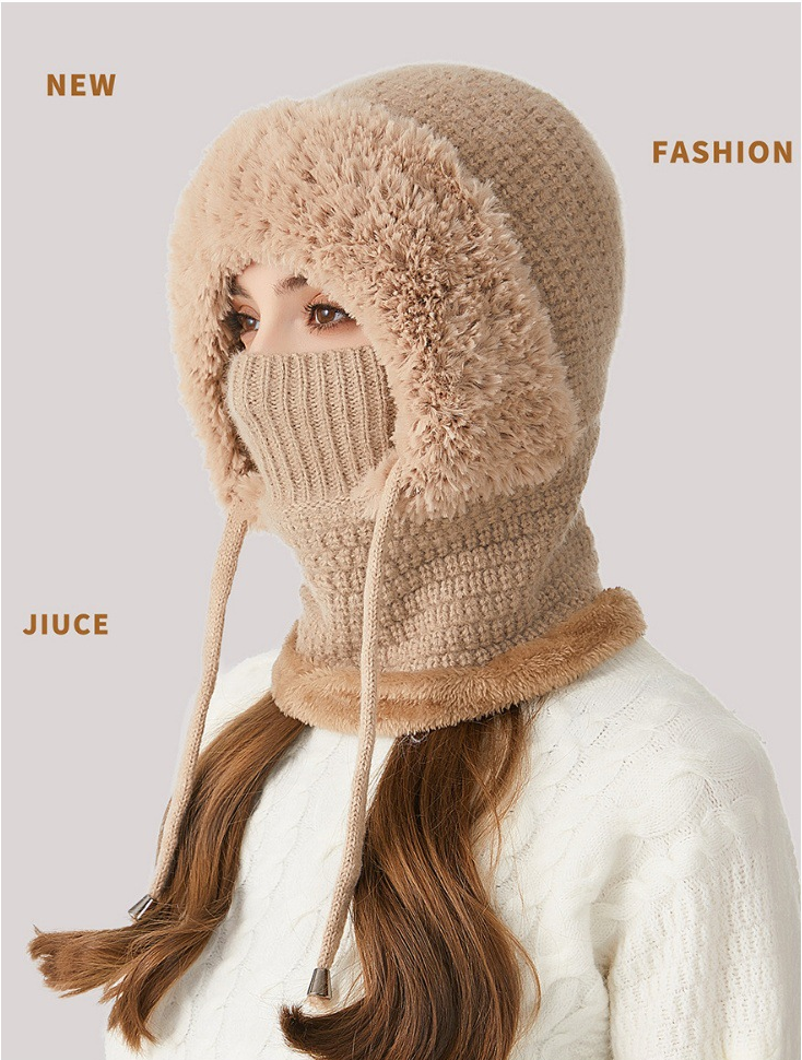 Winter Corn Velvet Hooded Scarf Mask Set - Thick Fleece Lined Knit Cap for Women - Warm Balaclava Neck Warmer for Extreme Cold - Khaki
