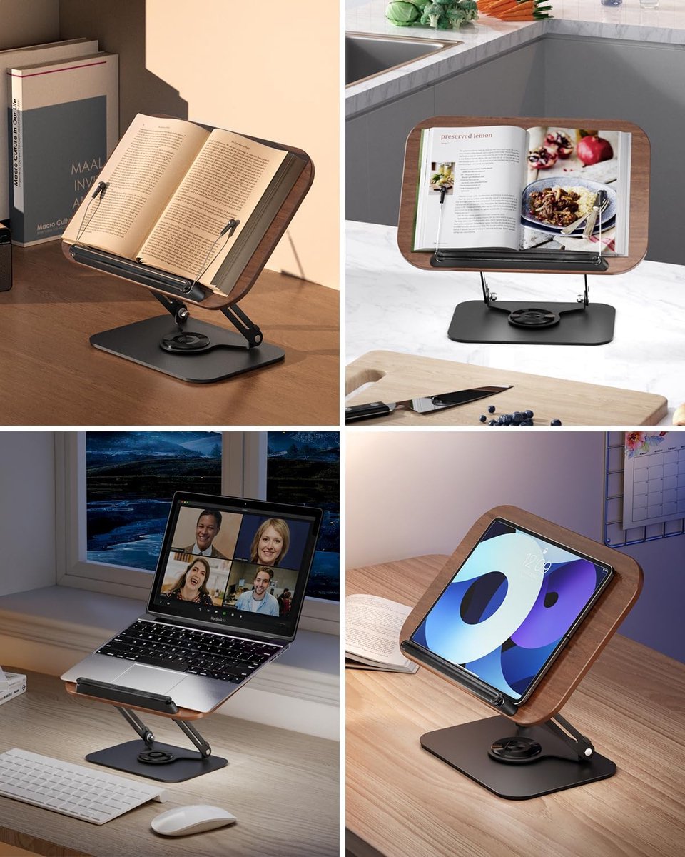 Reading Book Stand - Rotates 360 Degrees - With Page Holders - Adjustable Book Stand - Cookbook Stand - Anti-Slip Reading Stand - Book Support - Foldable and — image 4