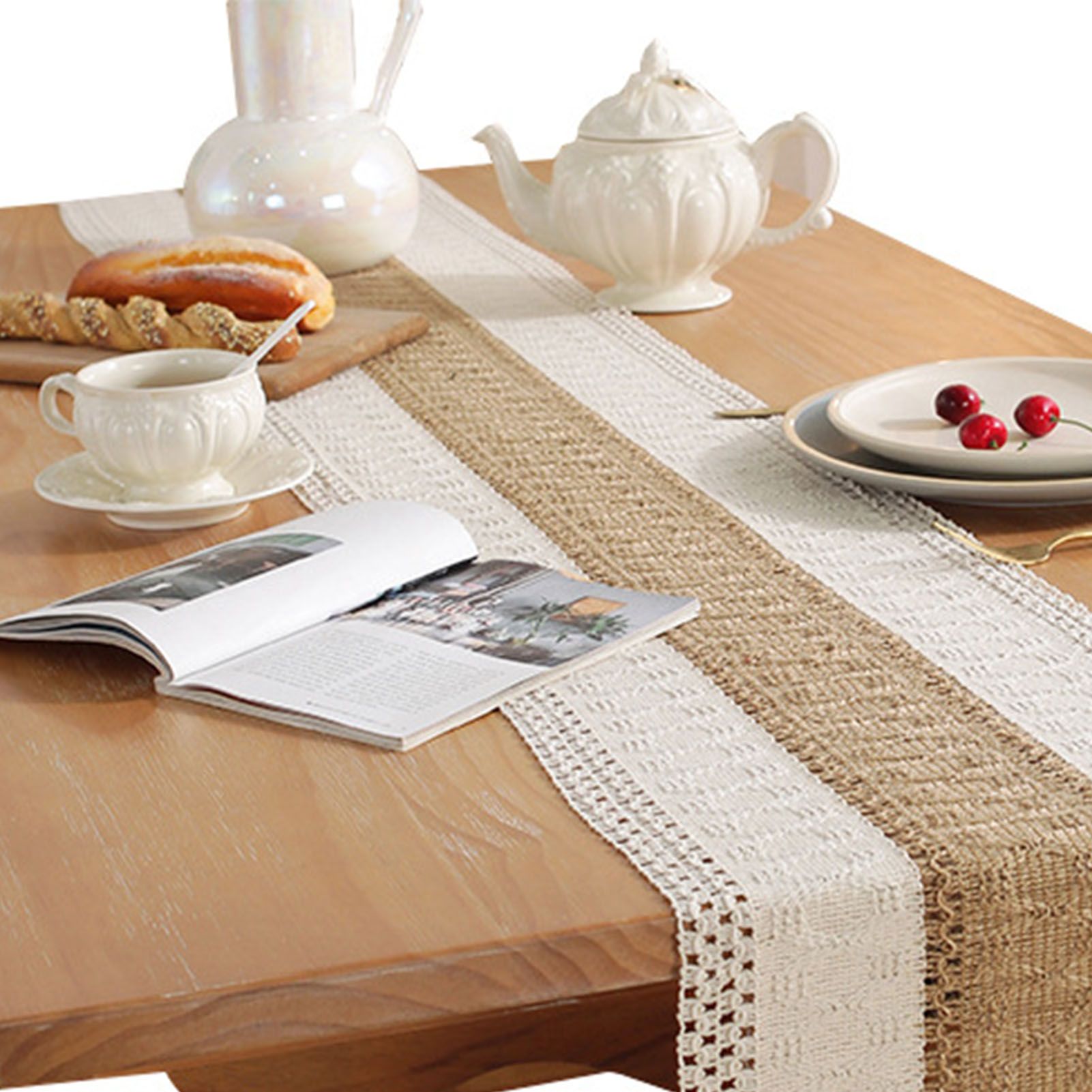 Rustic Table Runner Macrame Table Runner Cotton Desk Decoration for Holiday Party Farmhouse Wedding 180 × 30cm Coffee Color — image 2