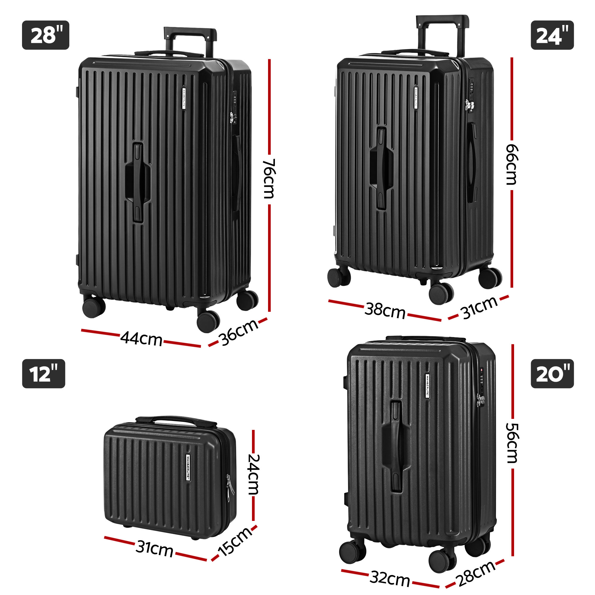 Wanderlite 4pcs Trunk Luggage Suitcase Set Travel Carry On TSA Lock Black — image 2