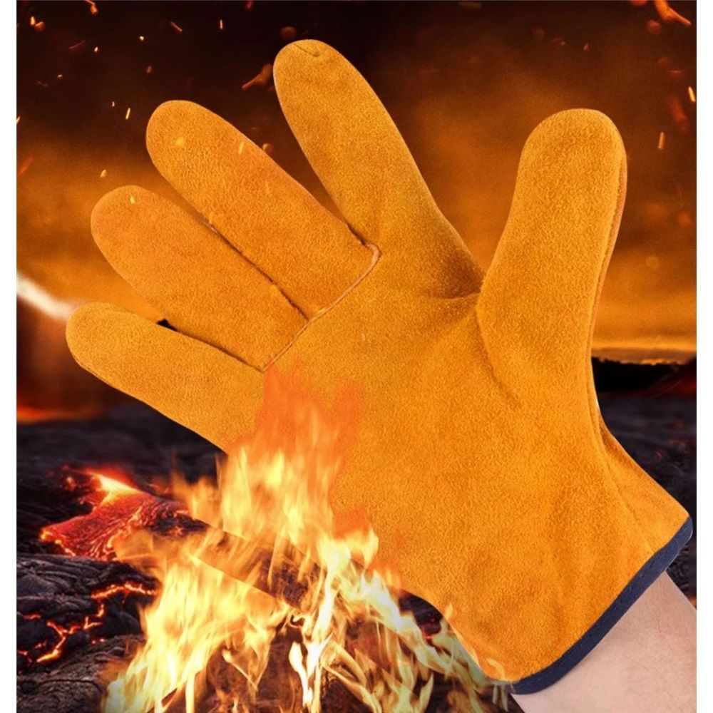 Welding Gloves Heat Insulation Protective Cowhide Leather Gloves for Welding Workwear Heat Resistant with Fleece Lining Short Cuff 1 Pair โ image 4