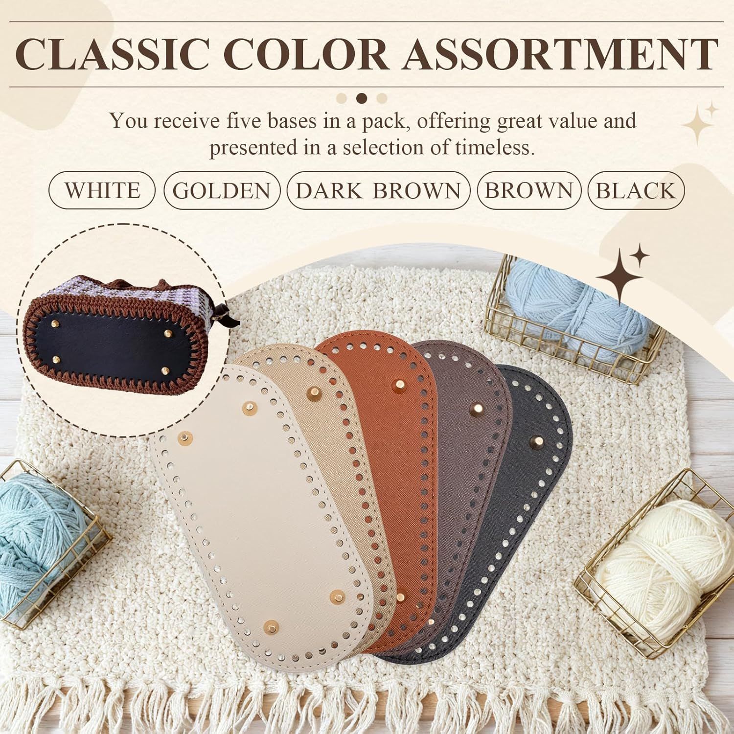 5 PCS Bag Bases 8.6" x 3.9" Purse Bottoms for Crochet Bags with 2 PCS Crochet Hook 5 Colors Leather Purse Bottoms for DIY Bags Making Supplies Kit Knitting — image 5