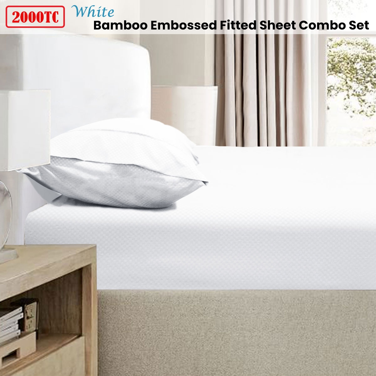 Ramesses 2000TC Bamboo Embossed Fitted Sheet Combo Set White King Single โ image 2