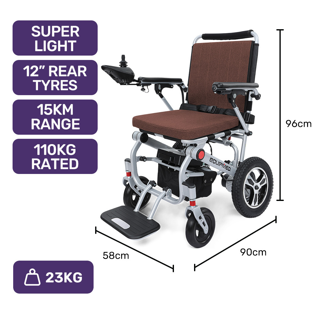 EQUIPMED Ultra-Light Power Wheelchair, Tight Turning, Airline Approved, ARTG Certified, Aluminium Frame, Lithium Battery, Brown — image 2