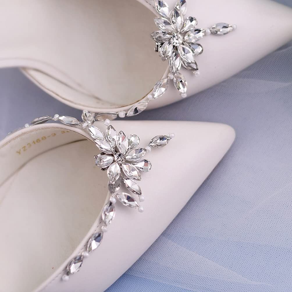 1 Pair Pearl Shoe Clips Rhinestone Crystal Bridal Shoe Buckles Decorative Flower Shoe Charms Floral Shoe Decoration for Wedding — image 3