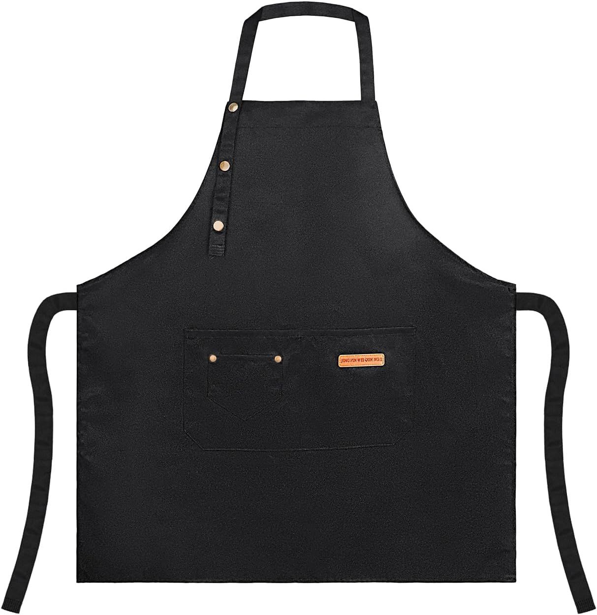 Waterproof Canvas Kitchen Apron with Adjustable Neck Strap and Front Pocket, Cooking and BBQ Apron for Adults, Black, 64.8 x 71.1 cm
