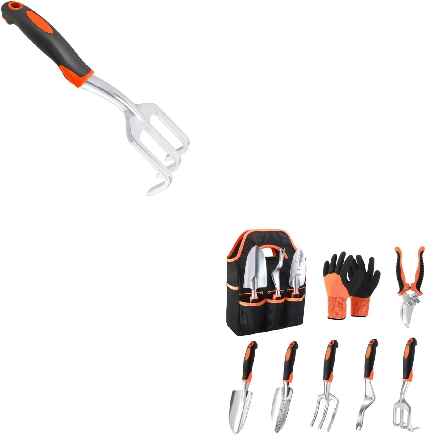 Hand Rake Garden Tool, Heavy Duty Hand Cultivators for Gardening + Garden Tools Set, 8 Piece Gardening Tools Set