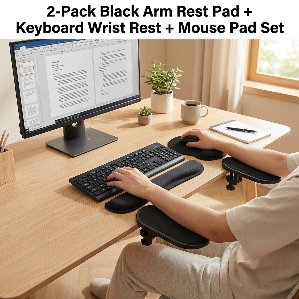 4-Piece Black Ergonomic Desk Arm Rest & Wrist Support Set with 2 Pack Clamp-On 180° Rotating Arm Rests + Memory Foam Keyboard Wrist Rest + Mouse Wrist Pad