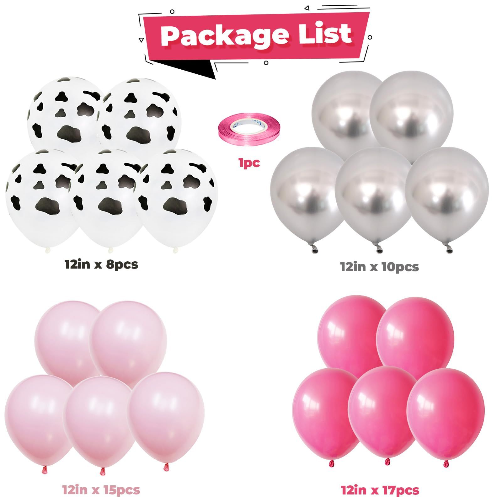 50pcs Rose Red Pink Cow Balloons Cow Print Balloons Metallic Silver Balloon Hot Pink Light Pink Latex Balloons — image 2