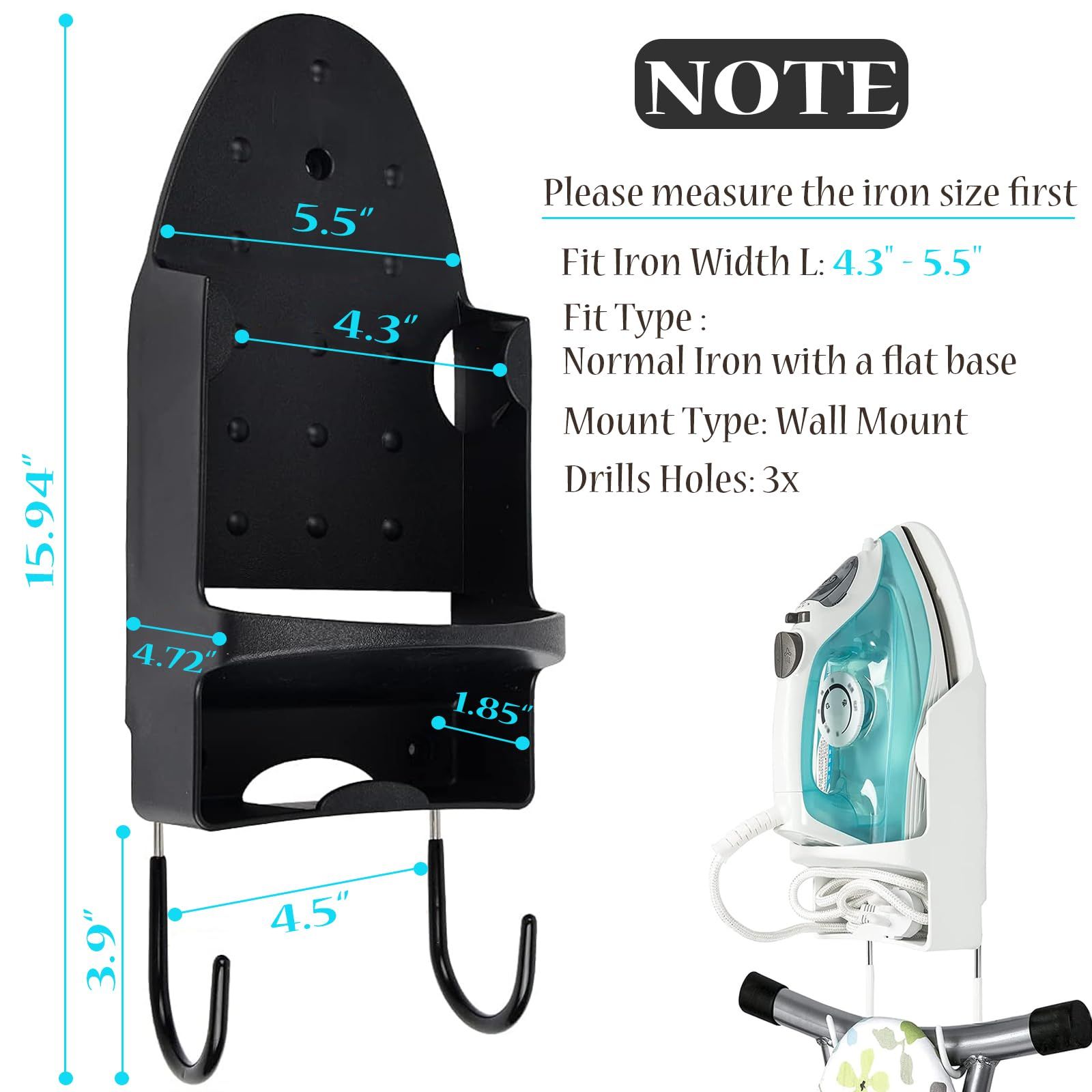 Ironing Board Hanger Wall Mount Electric Iron Holder Ironing Board Rack Household Bathroom Shelf - for Max 5 inch Width - Black