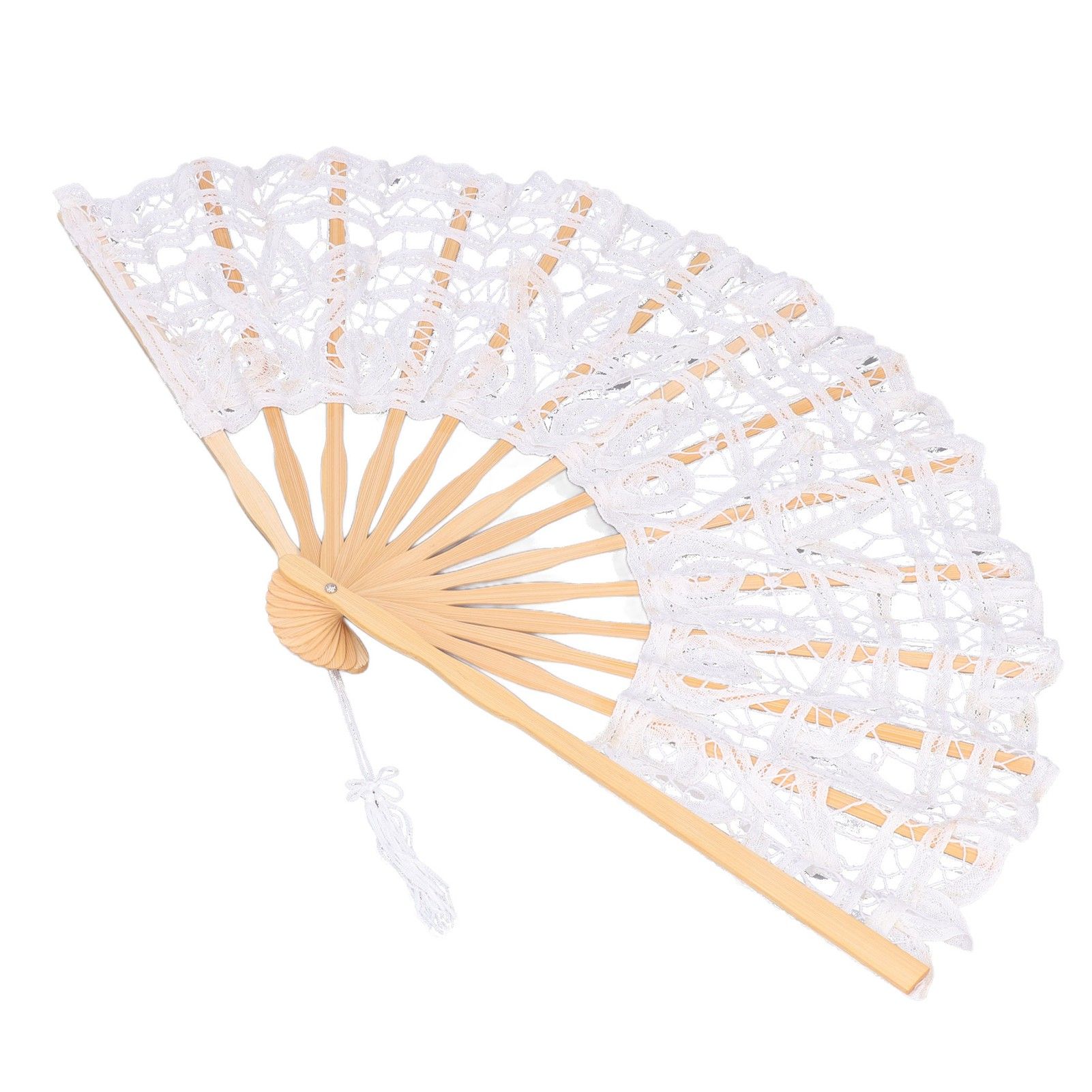 Folding Fan Hallow Lace Bamboo Bones Vintage Style Hand Fan with Tassel for Performance Clothes Decoration GiftWhite — image 5