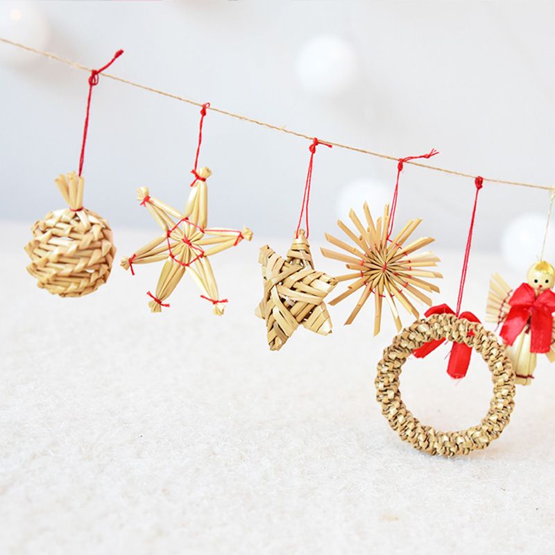 Natural Wheat Straw Pentagram Angel Doll Wreath Christmas Tree Hanging Pendants,Handmade Crafts Ornament for Xmas Party Home Decor — image 4