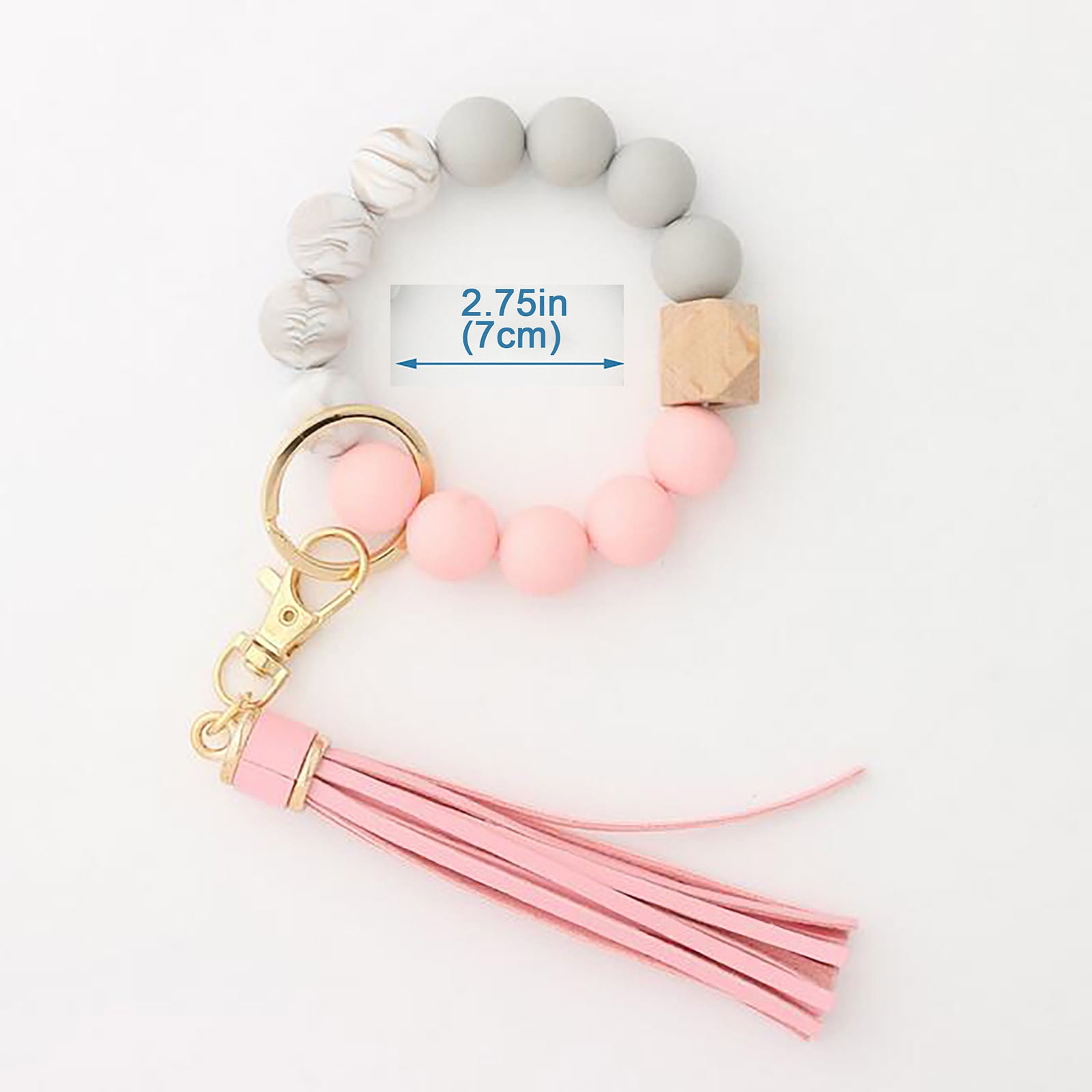Hanging Ornament Silicone Key Ring Bracelet, Women Beaded Bangle Keychain Wristlet Leather Tassel G — image 3