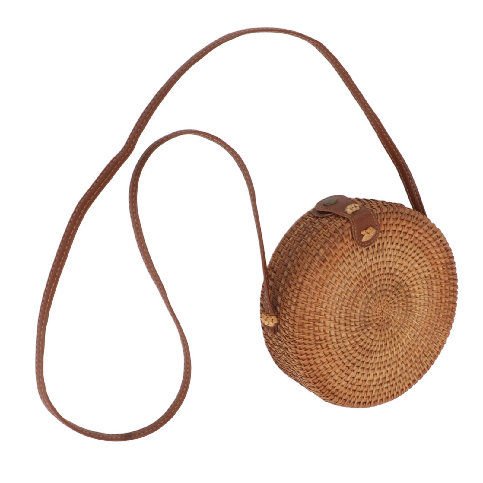 Handwoven Round Rattan Bag Tropical Beach Style Woven Shoulder Rattan Bag with Leather Strap 20cm Diameter Plain Colour Leather Buckle with Lining โ image 6