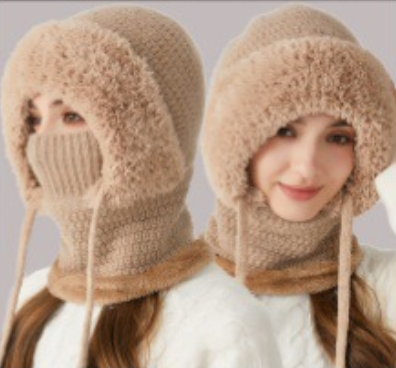 Winter Corn Velvet Hooded Scarf Mask Set - 3-in-1 Thermal Fleece Lined Balaclava for Extreme Cold - Windproof Face Cover for Skiing Cycling - Khaki (2-Pack