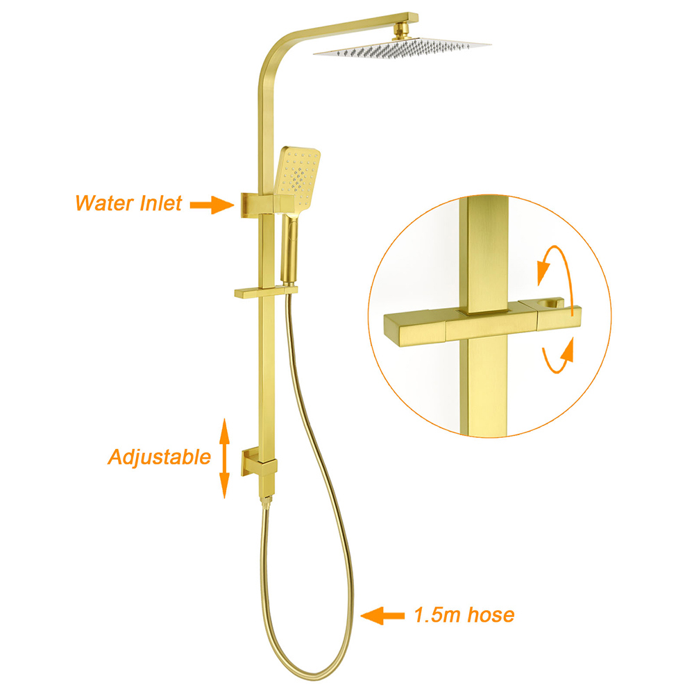 WELS Brushed Gold 2in1 Set 8" Square Rain Shower Head 3 Modes Handheld Silde Rail Arm + Mixer — image 2