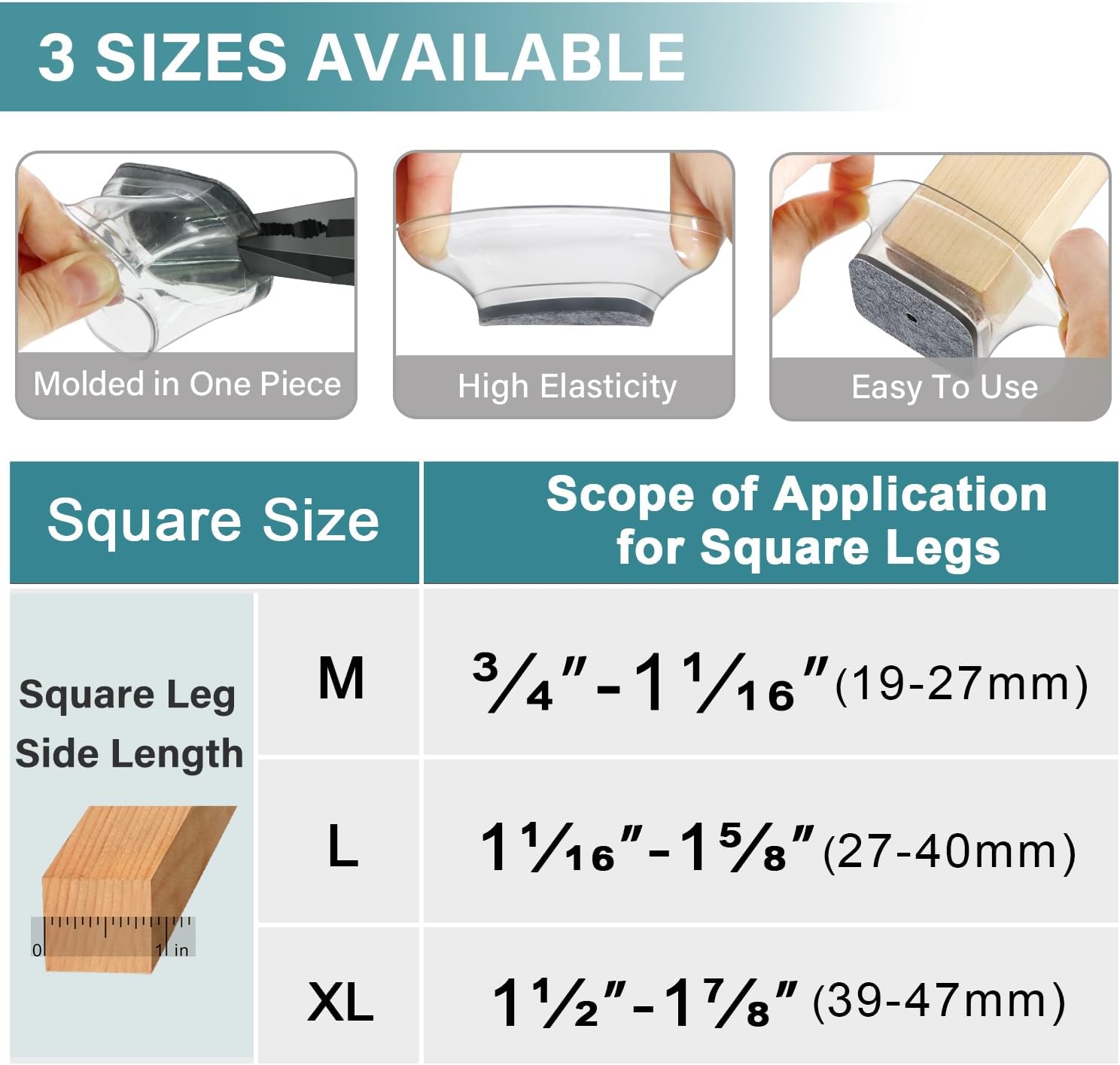 Ansible 24 Pcs Chair Leg Floor Protectors Square, Silicone Felt Furniture Leg Pads Caps Covers for Hardwood Floors (Fit:1-1/16" to 1-5/8") — image 5