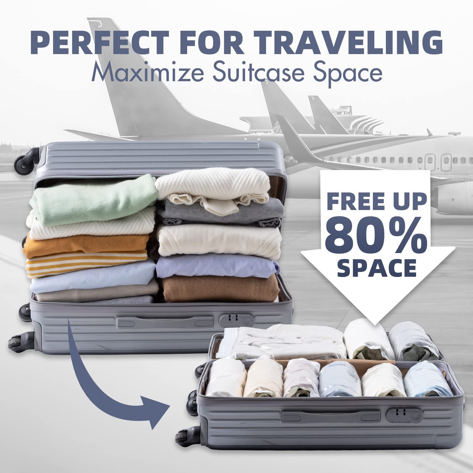 10pc Travel Compression Bags, Roll Up Space Saver Bags, No Vacuum Needed Reusable Packing Bags for Luggage, Suitcase — image 2