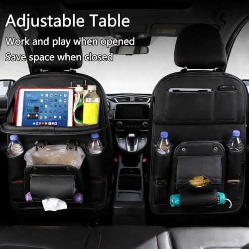 3.15"D x 17.7"W x 25.2"H Universal Premium Leather Foldable Car Backseat Organizer with Table Tray, Car Seat Back Protector with Garbage Bag Touch — image 3