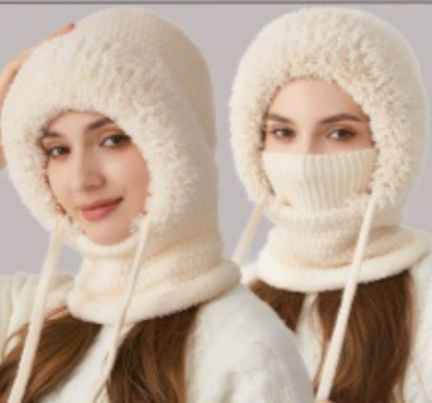 Winter Corn Velvet Hooded Scarf Mask Set - 3-in-1 Thermal Fleece Lined Balaclava for Extreme Cold - Windproof Face Cover for Skiing Cycling - Beige (2-Pack