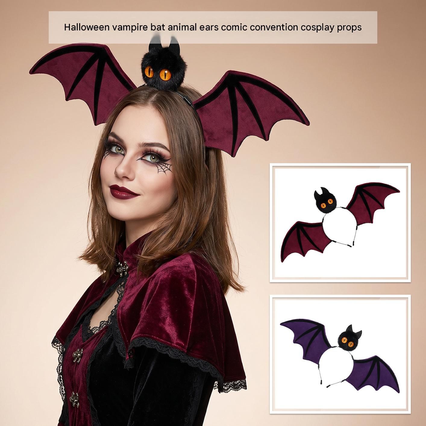 Red Halloween Bat Wing Headband with Furry Ears and Orange Eyes - Velvet Costume Accessory for Cosplay, Parties, and Themed Events — image 2