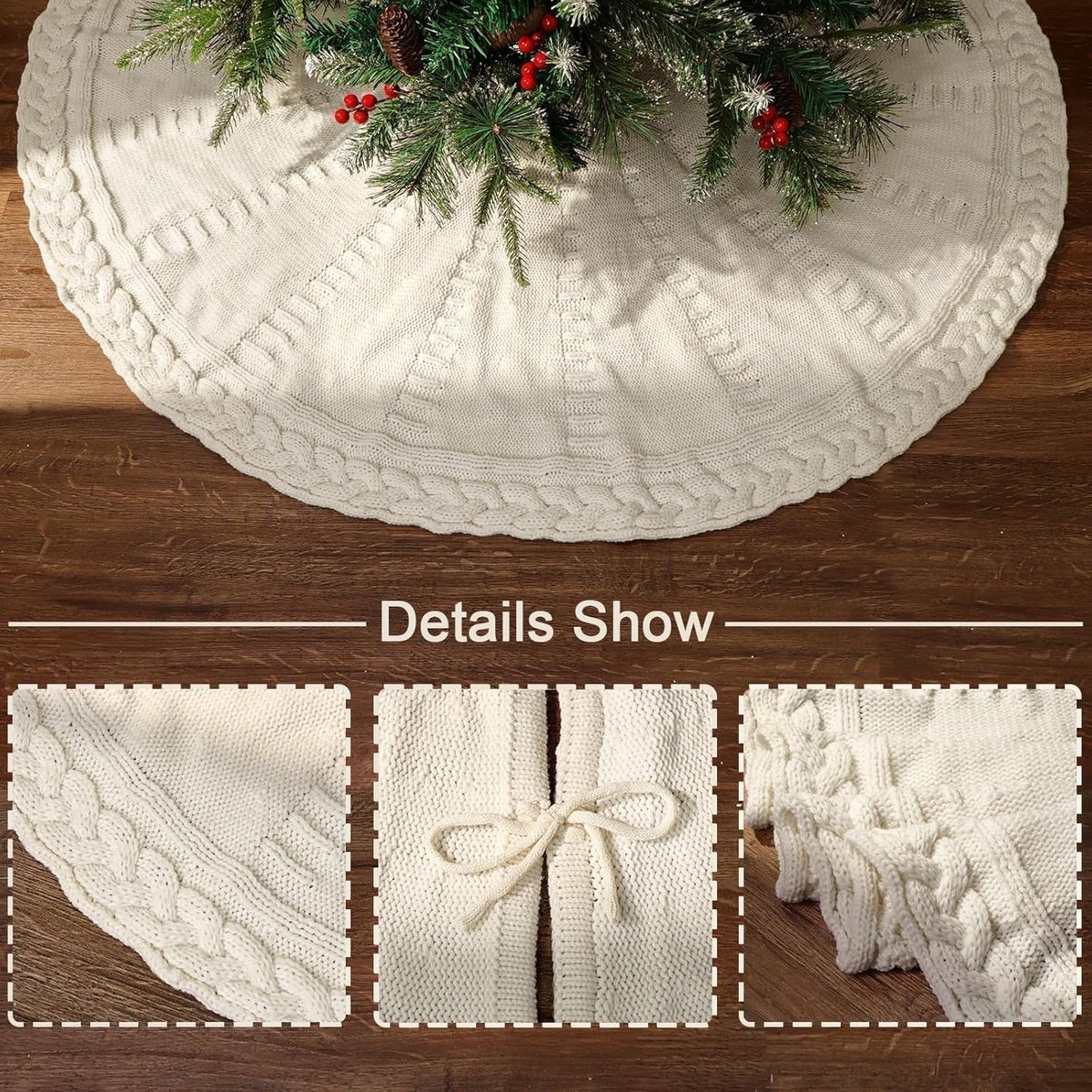 48-inch Christmas tree skirt - Braided cable knit tree skirt - for a 7.5-foot tree - Cream white tree skirt - Vintage tree skirts - Rustic farmhouse Christmas — image 2