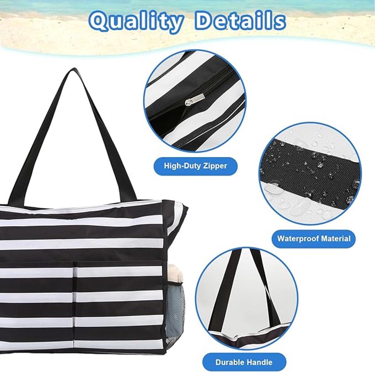 Beach Tote Bag With Zipper, Large Capacity Polyester 8 Pocket Foldable Carryall For Women Travel Pool Gym, Black White Stripe, 43 x 38 x 15 cm โ image 2