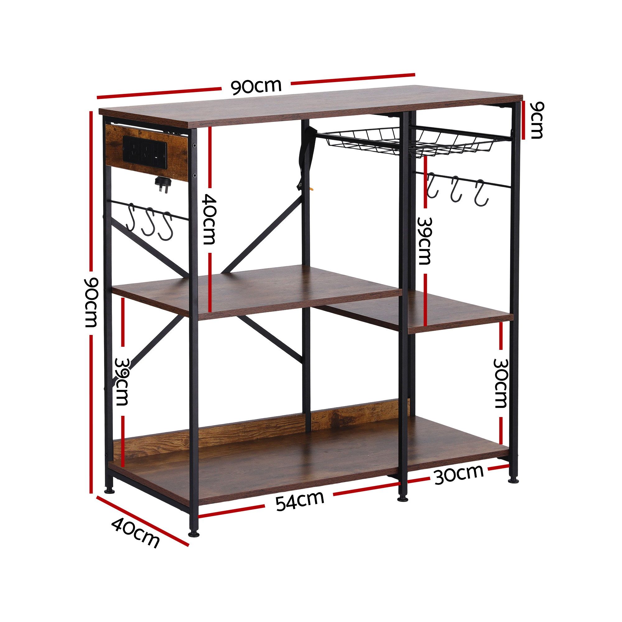 Artiss 3-Tier Kitchen Rack with 2 Power Outlets Microwave Storage Shelf 6 Hooks 90CM โ image 3