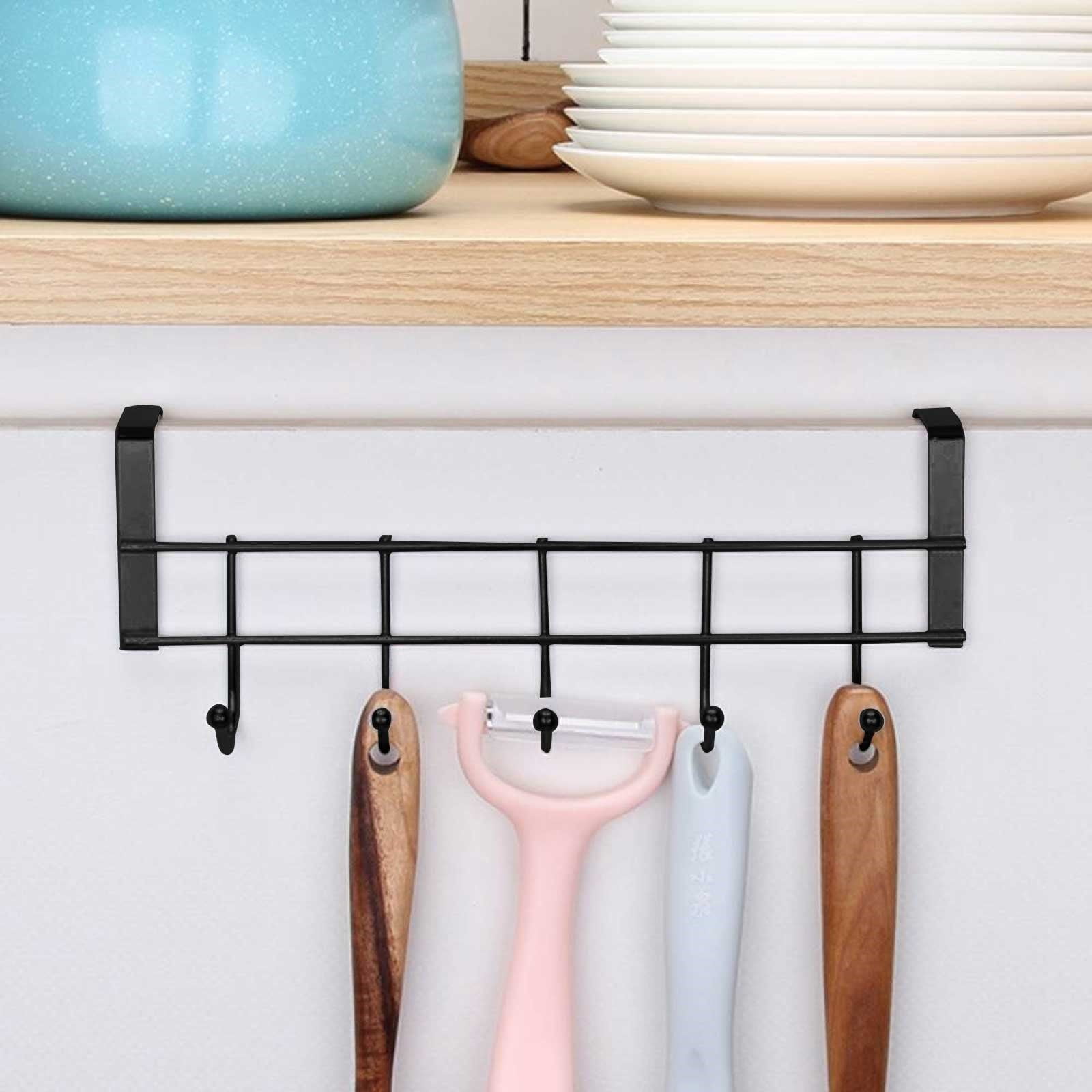 Stainless Steel Over Door Towel Rack with 5 Hooks, No Drill Bathroom and Bedroom Door Hanger for Towels, Black — image 3