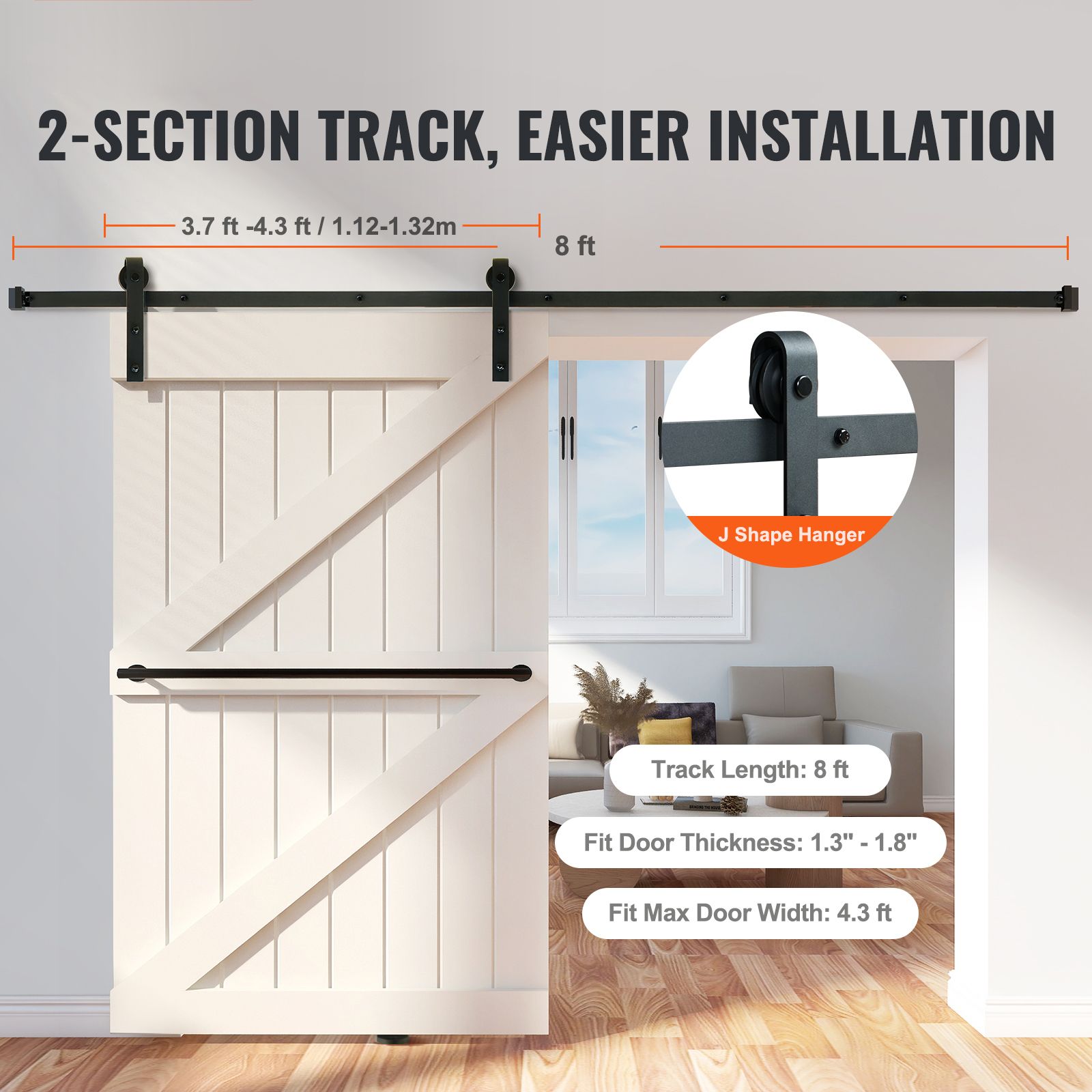 8FT Sliding Barn Door Hardware Closet Track Kit for Single Door J Hanger — image 2