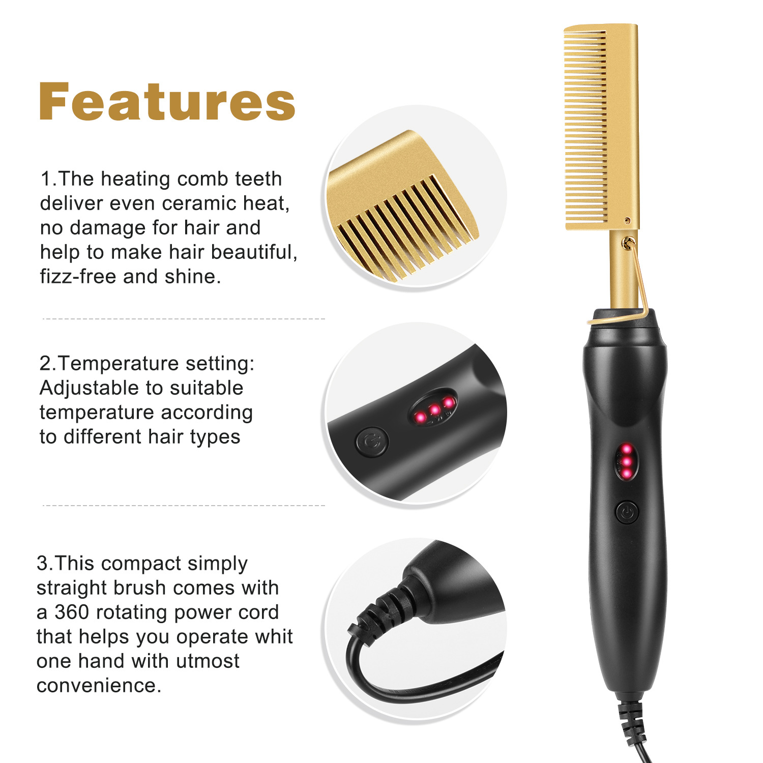 Rose Red And Black Electric Hot Comb Hair Straightener - Fast Heating Styling Tool with 3 Temp Settings & Anti-Scald Guard โ image 6