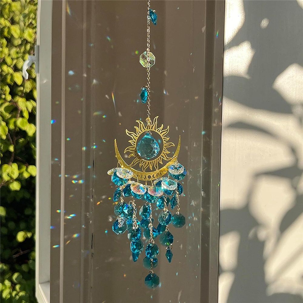 Sun Rainbow Maker for Garden Suncatchers Prisms Boho Wind Chimes, Chandelier Aurora Rainbow Glass Prisms Ornament,Window Hanging Pendant (Blue)