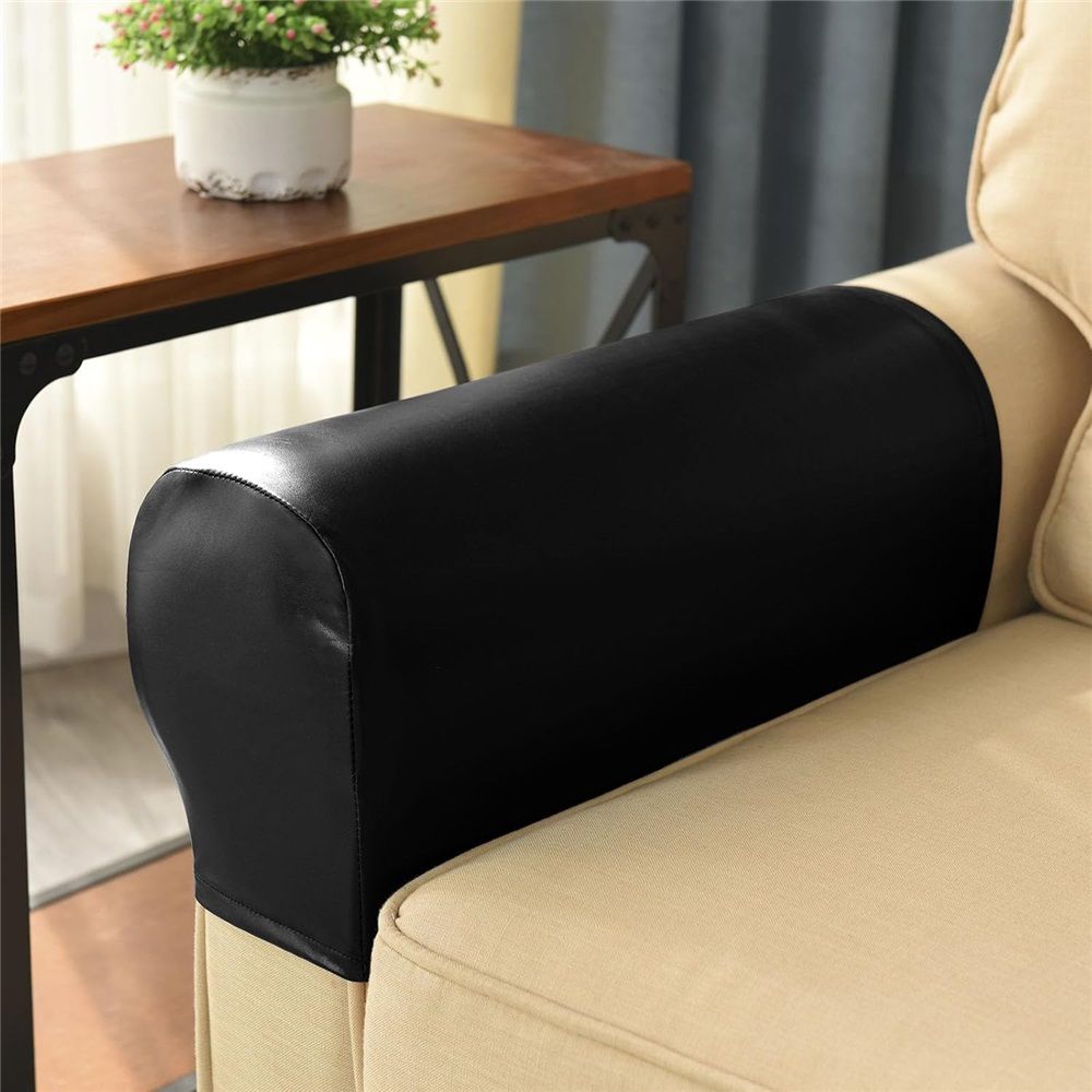 Waterproof Faux Pu Leather Armrest Covers Vintage Stretch Arm Covers for Chairs Couch Sofa Armchair Slipcovers for Recliner Sofa 2pcs,Black — image 4