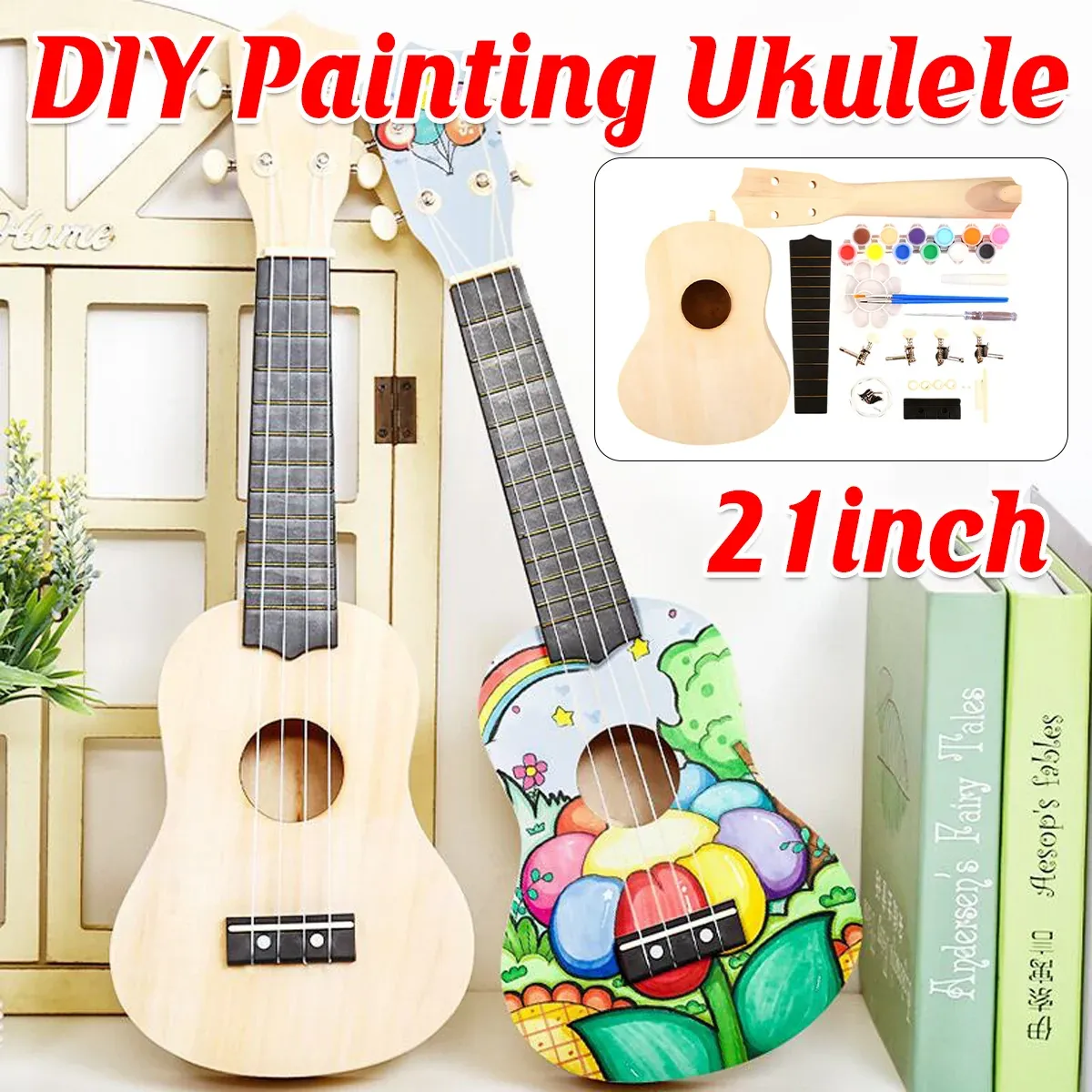 Ukulele Small Guitar with DIY Material Kit 21 Inch Wood Colour Easy to Assemble