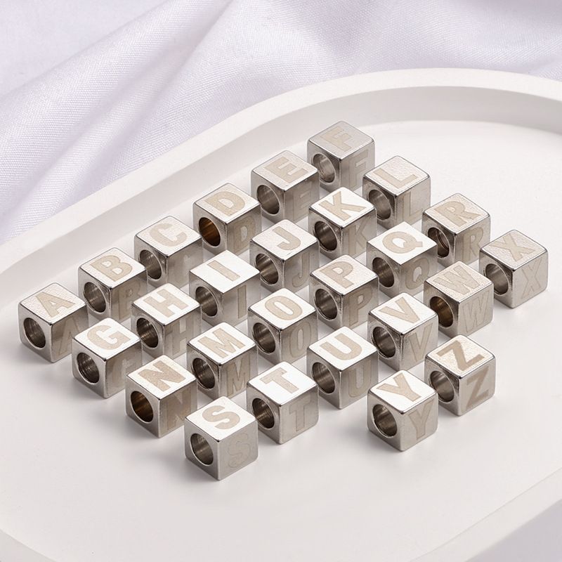 26pcs 8mm Cube Bead with Letter A-Z Spacer Beads Stainless Steel European Beads 5mm Large Hole Metal Stopper Beads โ image 5