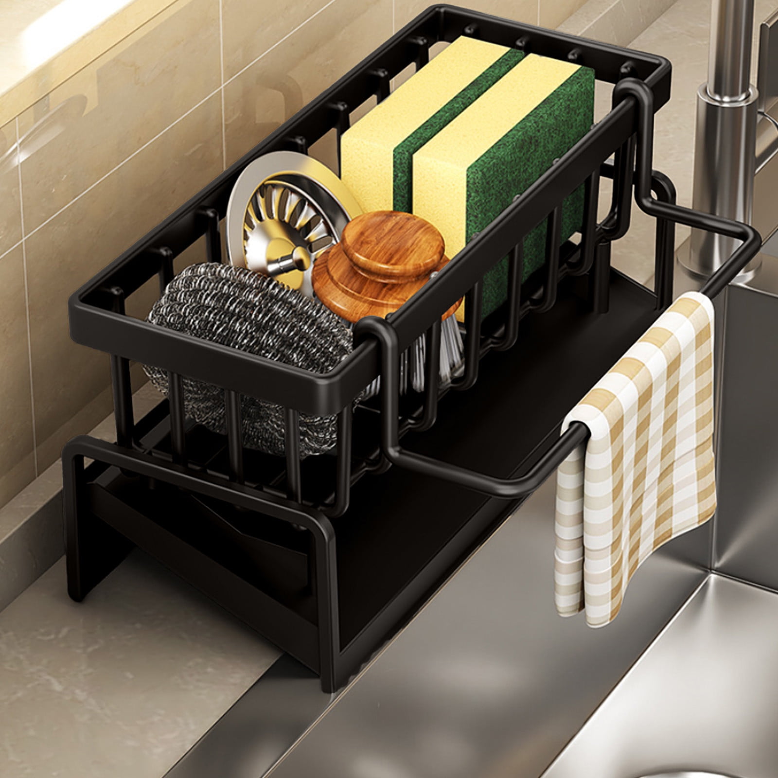 Sponge Holder for Kitchen Sink, Auto Draining Kitchen Sink Caddy, Rustproof Steel Dish Sponge Organizer with Removable Dishcloth Rack, Soap Dispenser Brush — image 4