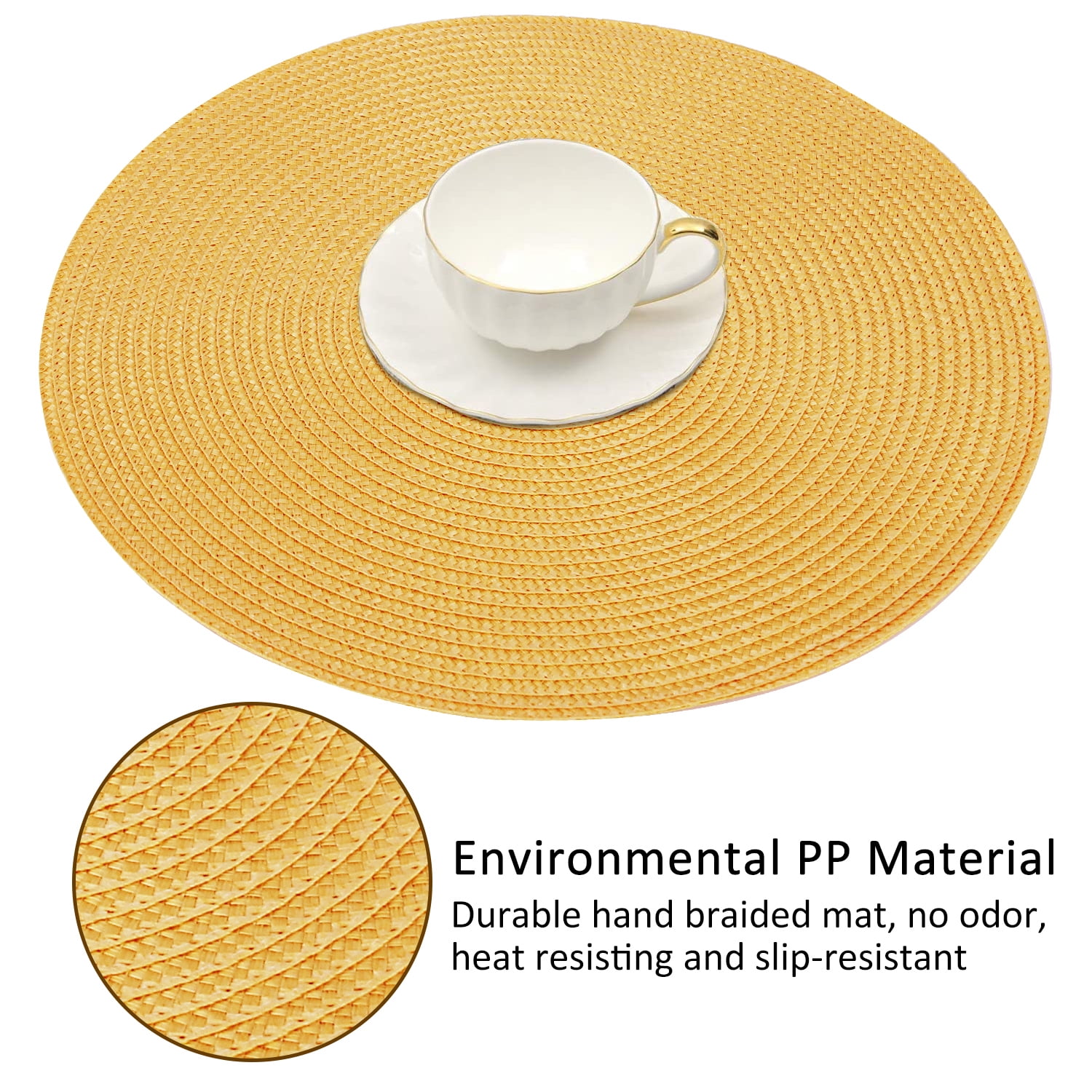 Braided Placemats for Dining Table Set of 6 - Round 15 inch Woven Heat Resistant Non-Slip Kitchen Table Mats, Red Yellow — image 2