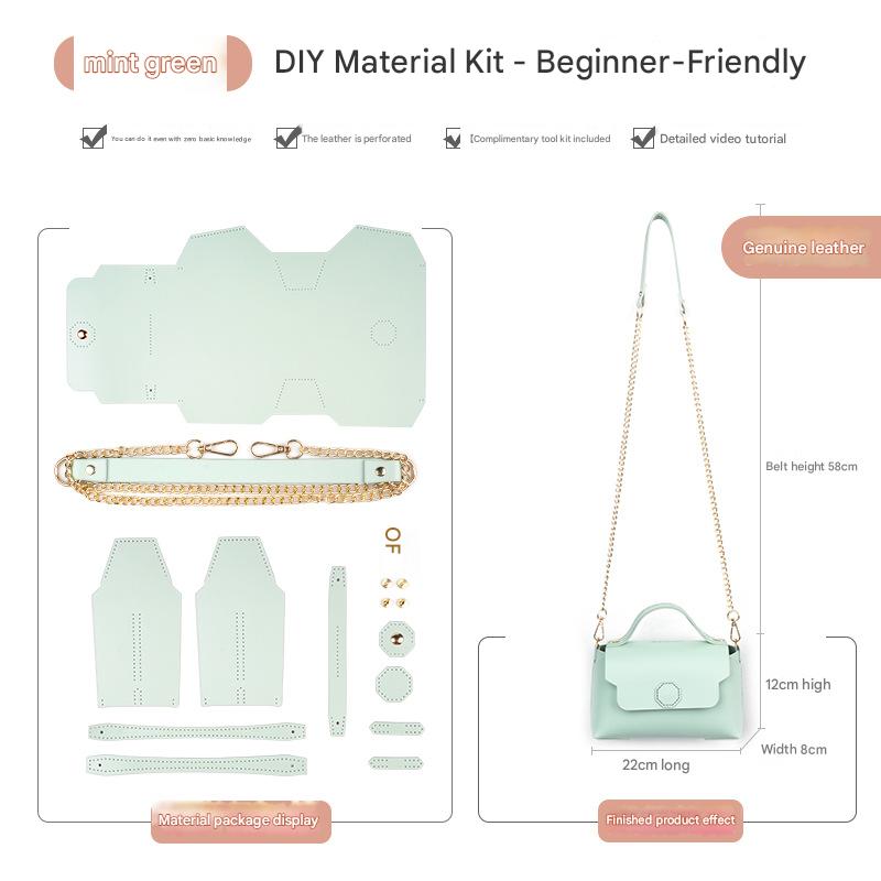 Mint green Leather Bag DIY Kit โ Geometric Shoulder Bag Making Material Set with Pre-Punched Cowhide, Tools for Hand Stitching