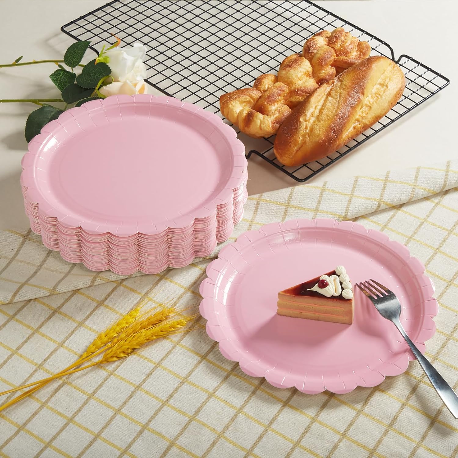 50PCS Scalloped Disposable Paper Plates Dessert Cake Party Plates for Baby Shower, Wedding,Bridal Shower Birthday Party Supplies (Pink, 7IN) โ image 3