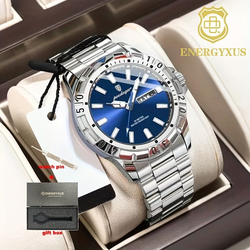 Men'S Watch Stainless Steel Watch Blue Dial Watch Water-Resistant Watch - 959 gold silver blue - Size 01 — image 2