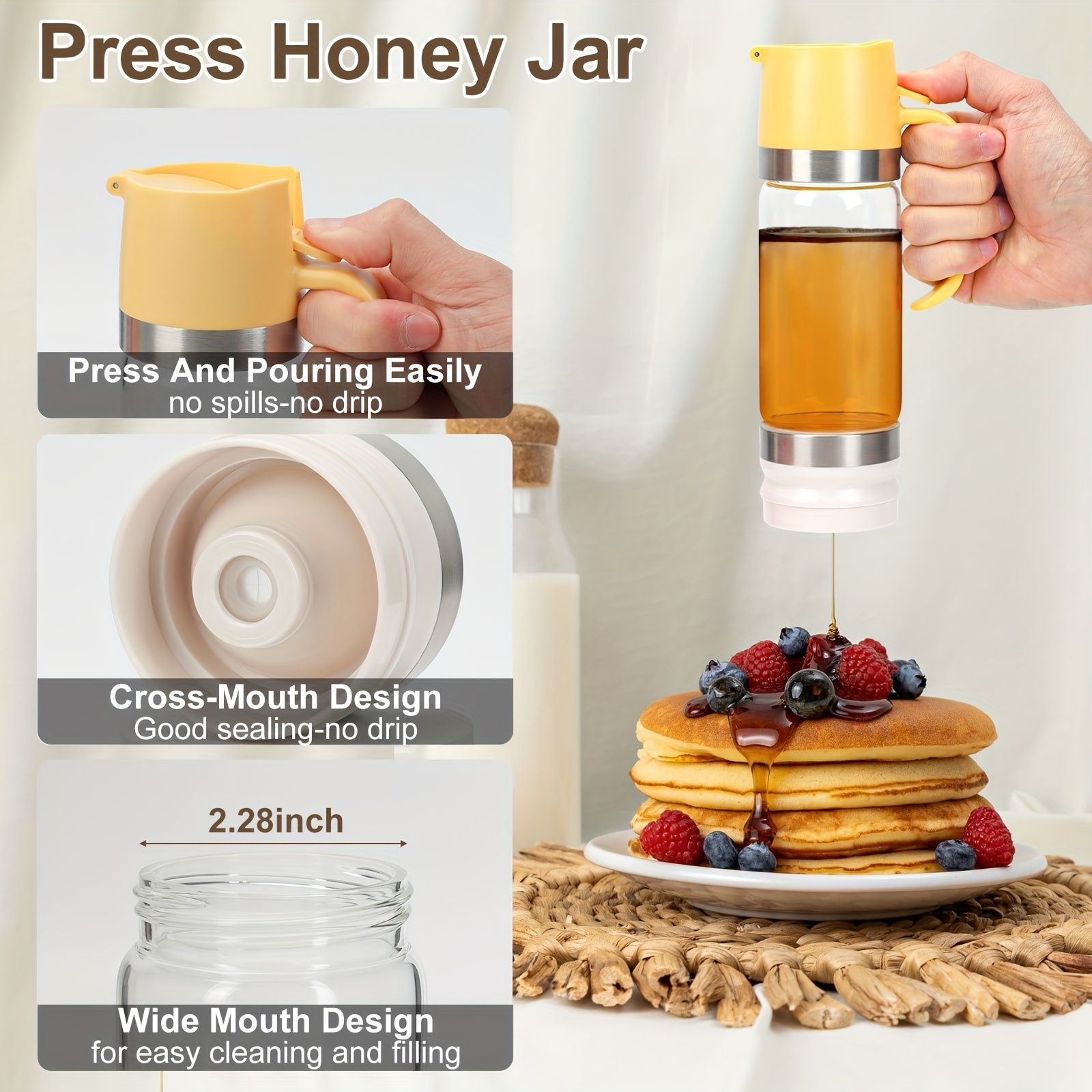 Glass Honey Dispenser, 12Oz Oil Container, Seasoning Jar with Handle, Syrup Dispenser for Coffee Or Tea Yellow β image 5
